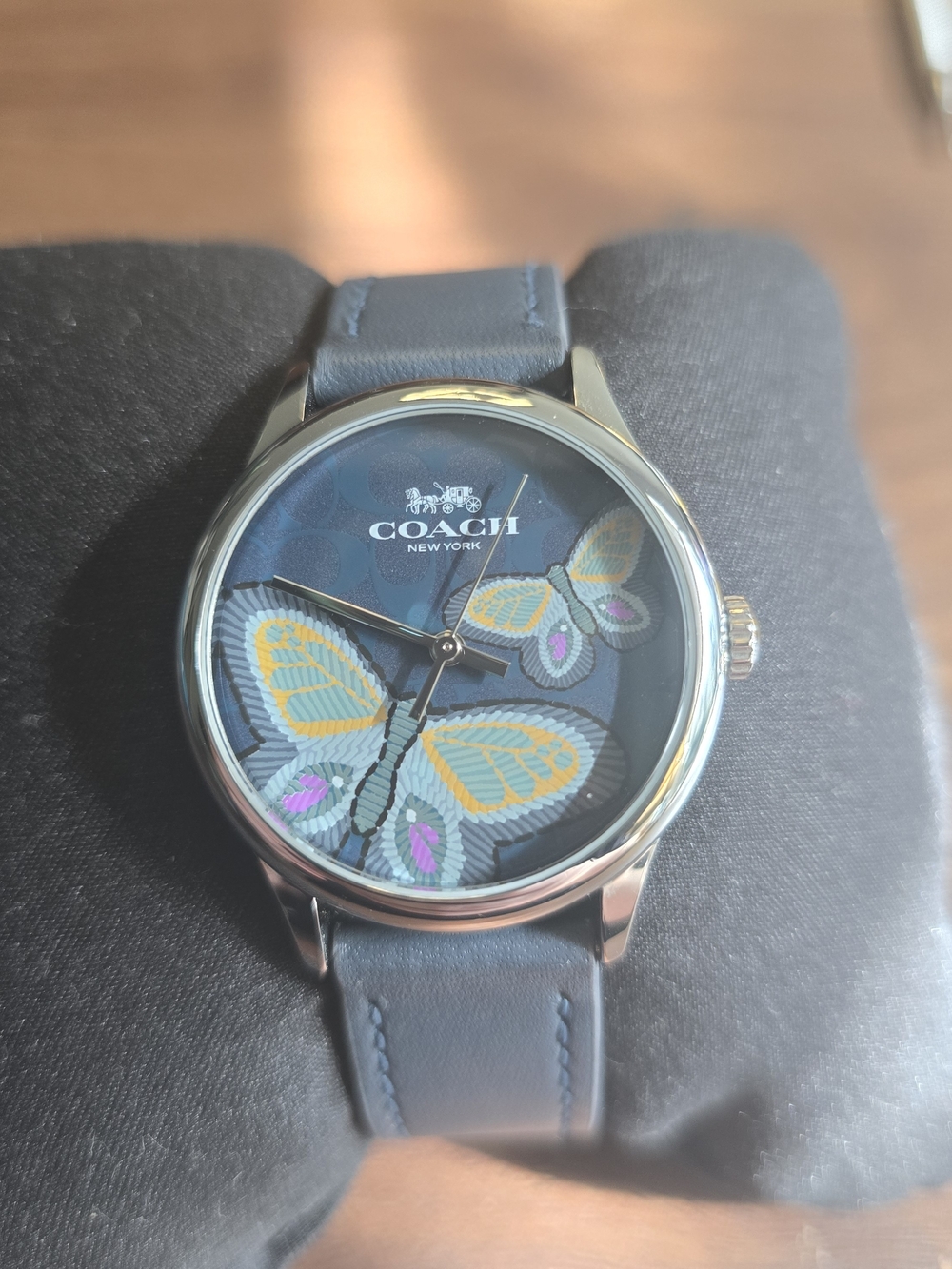 Coach Women's Blue Leather Strap Butterfly Dial Watch